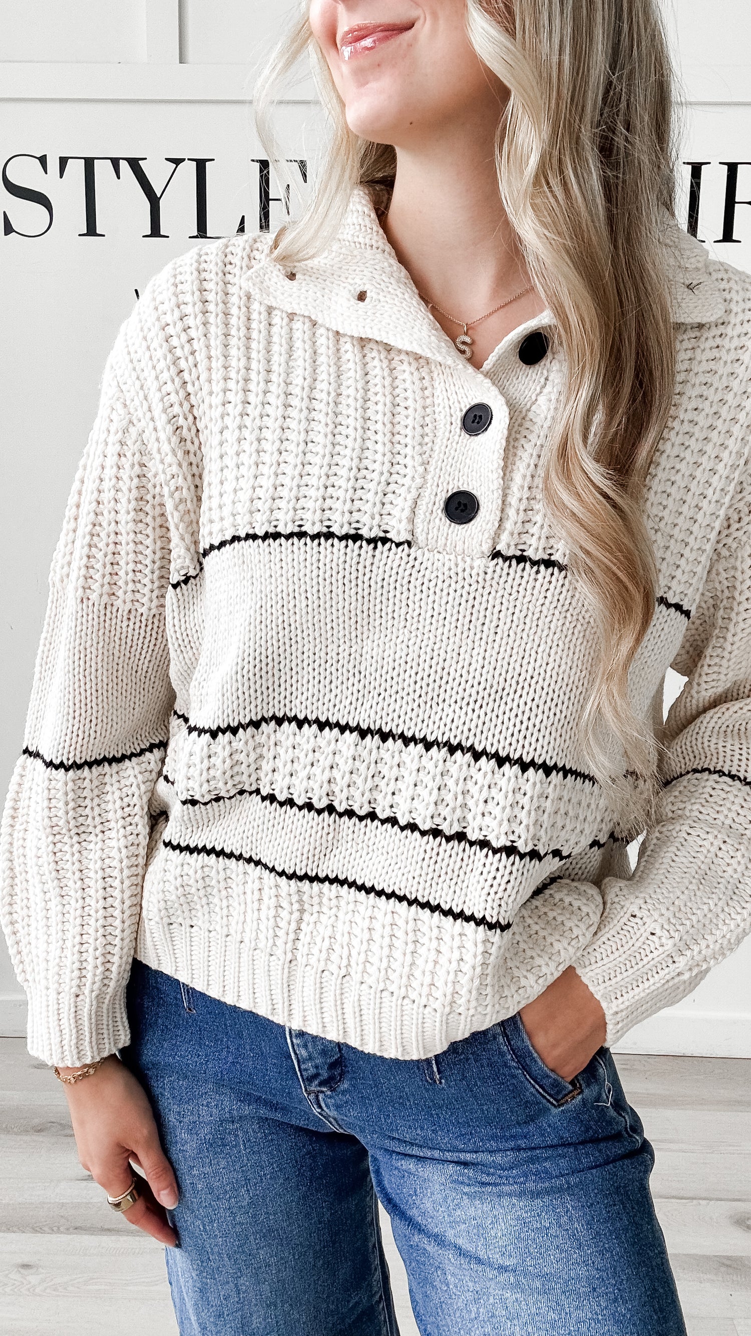 Elmari Half Button Stripe Sweater