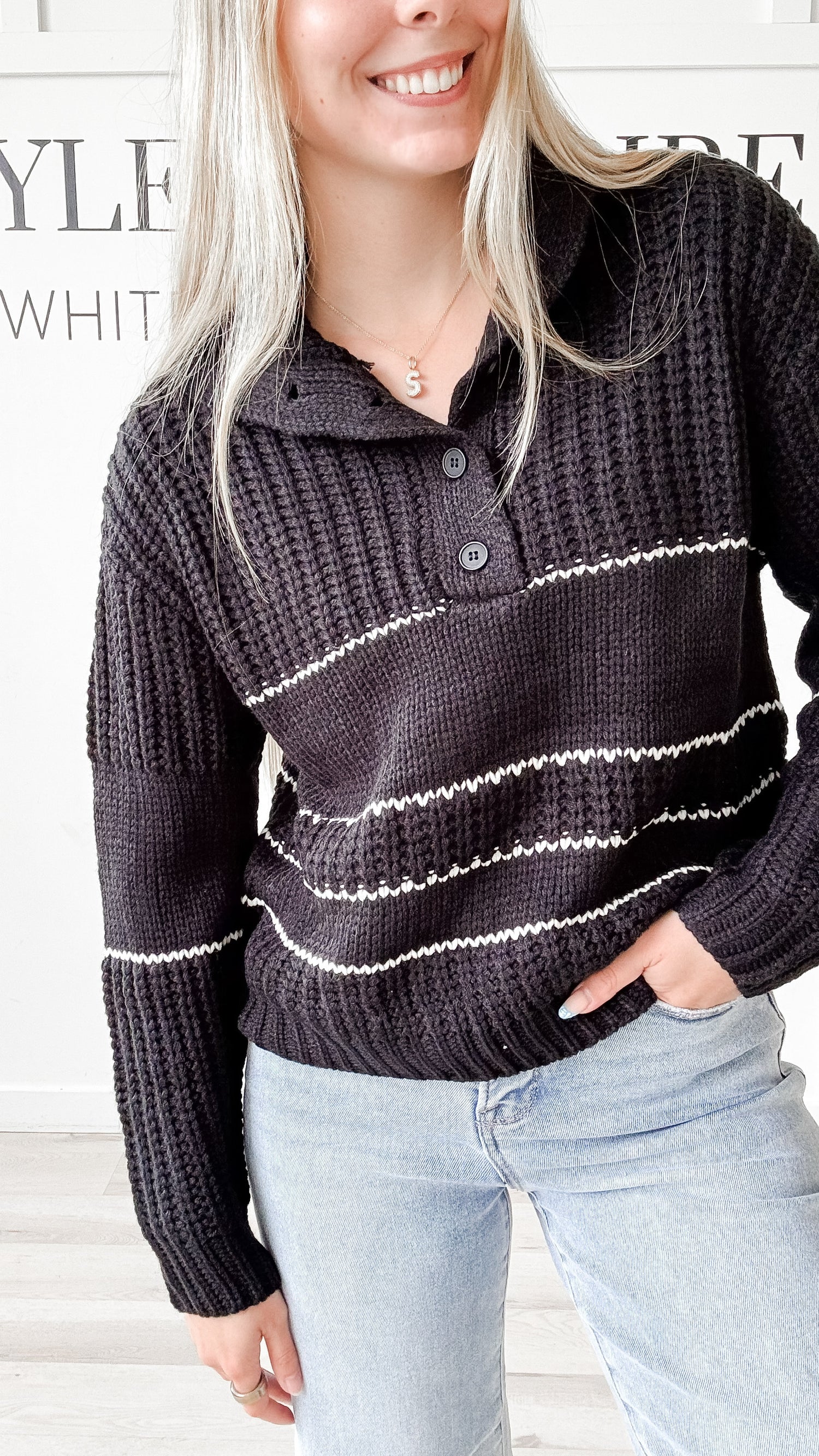 Elmari Half Button Stripe Sweater