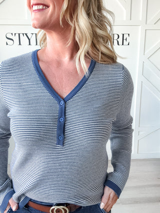 Raegan V-Neck Waffle Stripe Henley
