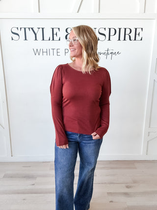 Natalie Soft Rib Puffed Detail Boatneck Top