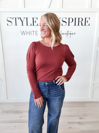 Natalie Soft Rib Puffed Detail Boatneck Top