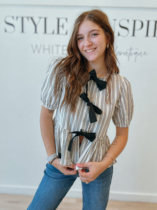 Irene Stripe Front Tie Ruffle Blouse