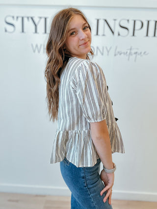 Irene Stripe Front Tie Ruffle Blouse