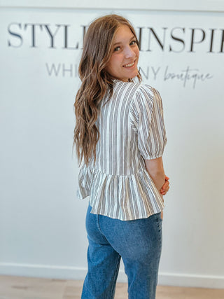 Irene Stripe Front Tie Ruffle Blouse