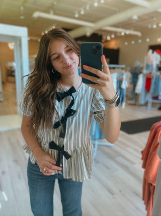 Irene Stripe Front Tie Ruffle Blouse