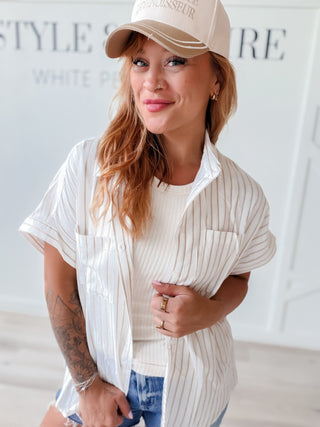 Charise Stripe Button Dolman Sleeve Shirt