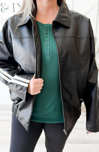 Shayne Stripe Arm Faux Leather Bomber Jacket