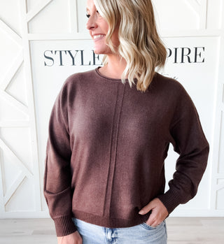 brown knit sweater with front seam detail