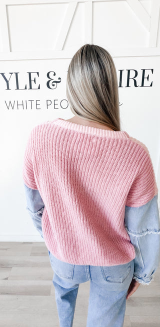 Jill Color Block Sweater W/Fray Denim Sleeves