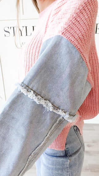Jill Color Block Sweater W/Fray Denim Sleeves