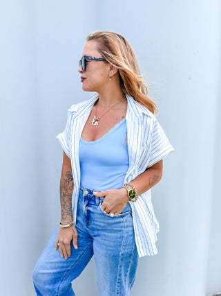 Charise Stripe Button Dolman Sleeve Shirt