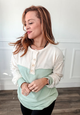 Teresa Color Block Lace Sleeve Henley