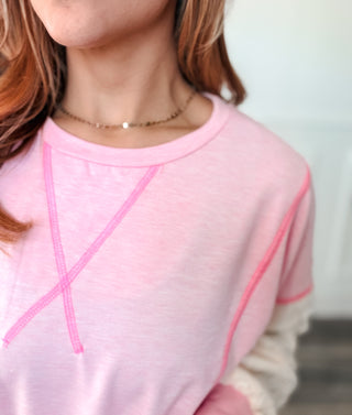 Megan Contrast Lace Sleeve French Terry Pullover