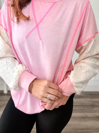 Megan Contrast Lace Sleeve French Terry Pullover