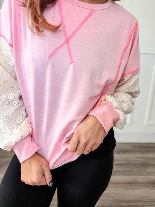 Megan Contrast Lace Sleeve French Terry Pullover