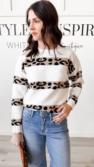 ivory sweater with leopard stripes