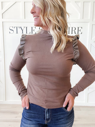 Carolina Vegan Ruffle Shoulder Long Sleeve Top