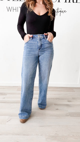 Risen High-Rise Tummy Control Wide Leg Jeans with Adjustable Waistband
