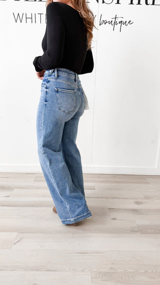 Risen High-Rise Tummy Control Wide Leg Jeans with Adjustable Waistband