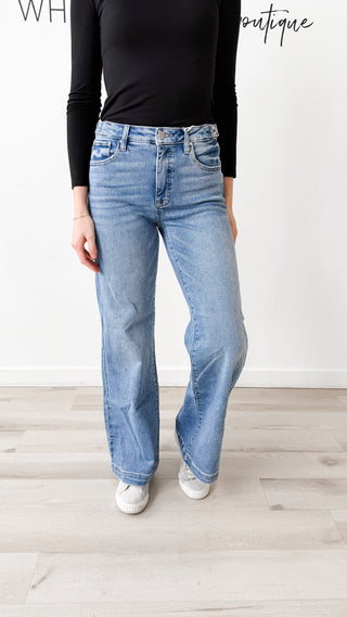 Risen High-Rise Tummy Control Wide Leg Jeans with Adjustable Waistband