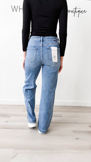 Risen High-Rise Tummy Control Wide Leg Jeans with Adjustable Waistband
