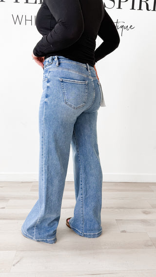 Risen High-Rise Tummy Control Wide Leg Jeans with Adjustable Waistband