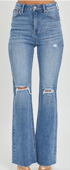 Risen High Rise Distressed Flare Jeans