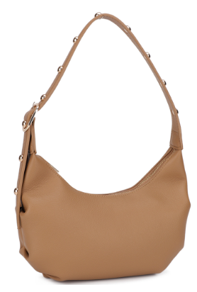 Brown handbag with studded details on a white background
