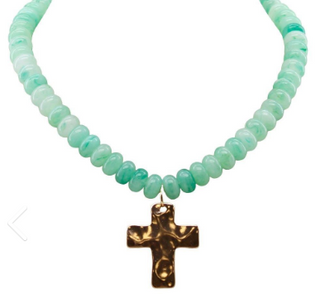 Aqua Beaded Cross Necklace. *Final Sale*