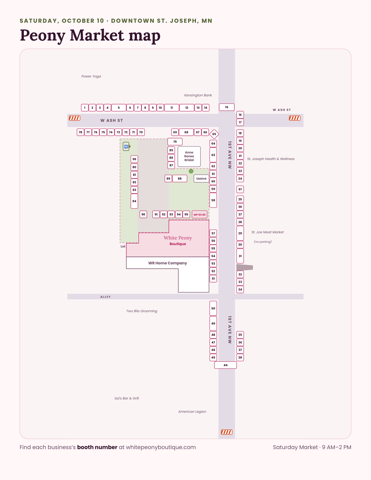 Map of Peony Market booth numbers in downtown St. Joseph, Minnesota