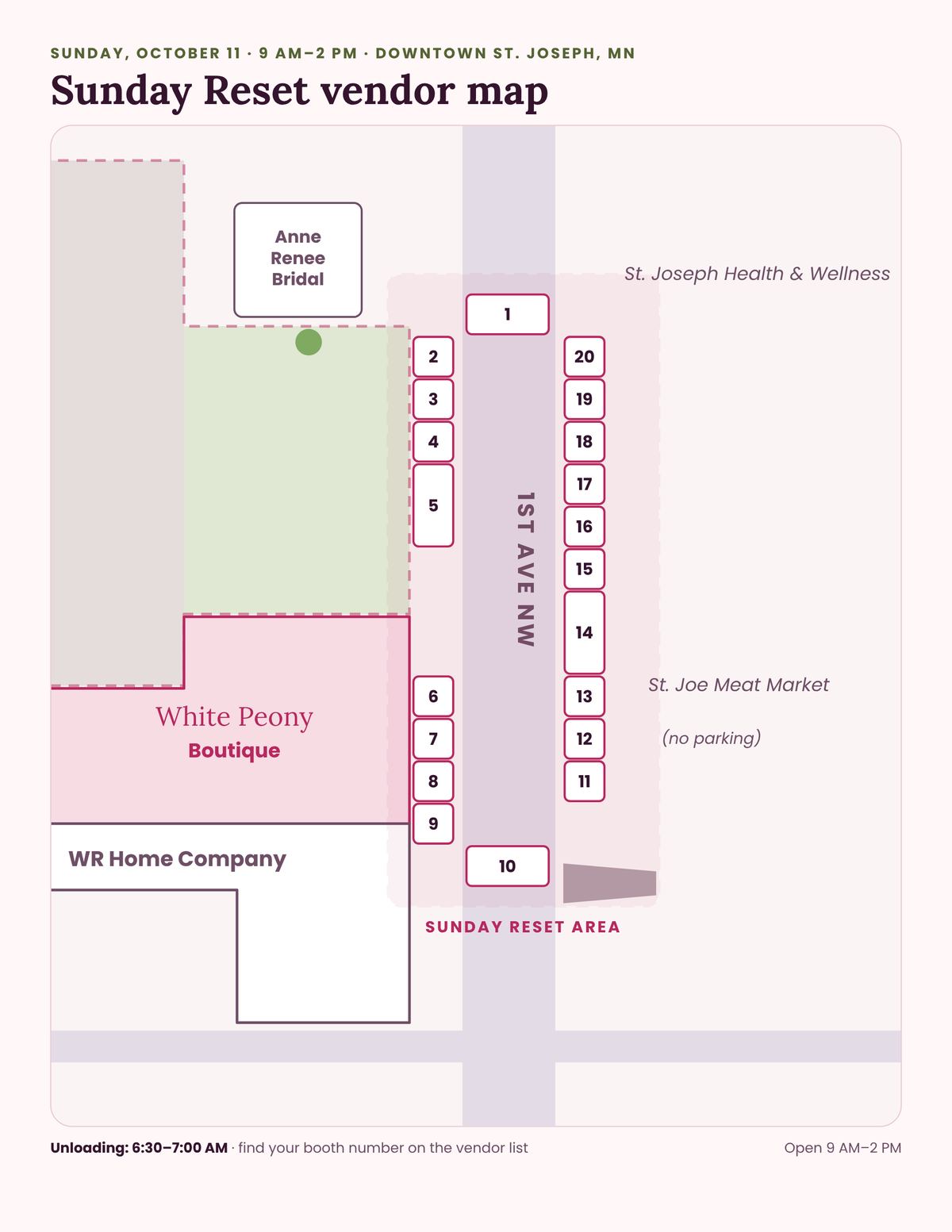 Map of Peony Market booth numbers in downtown St. Joseph, Minnesota